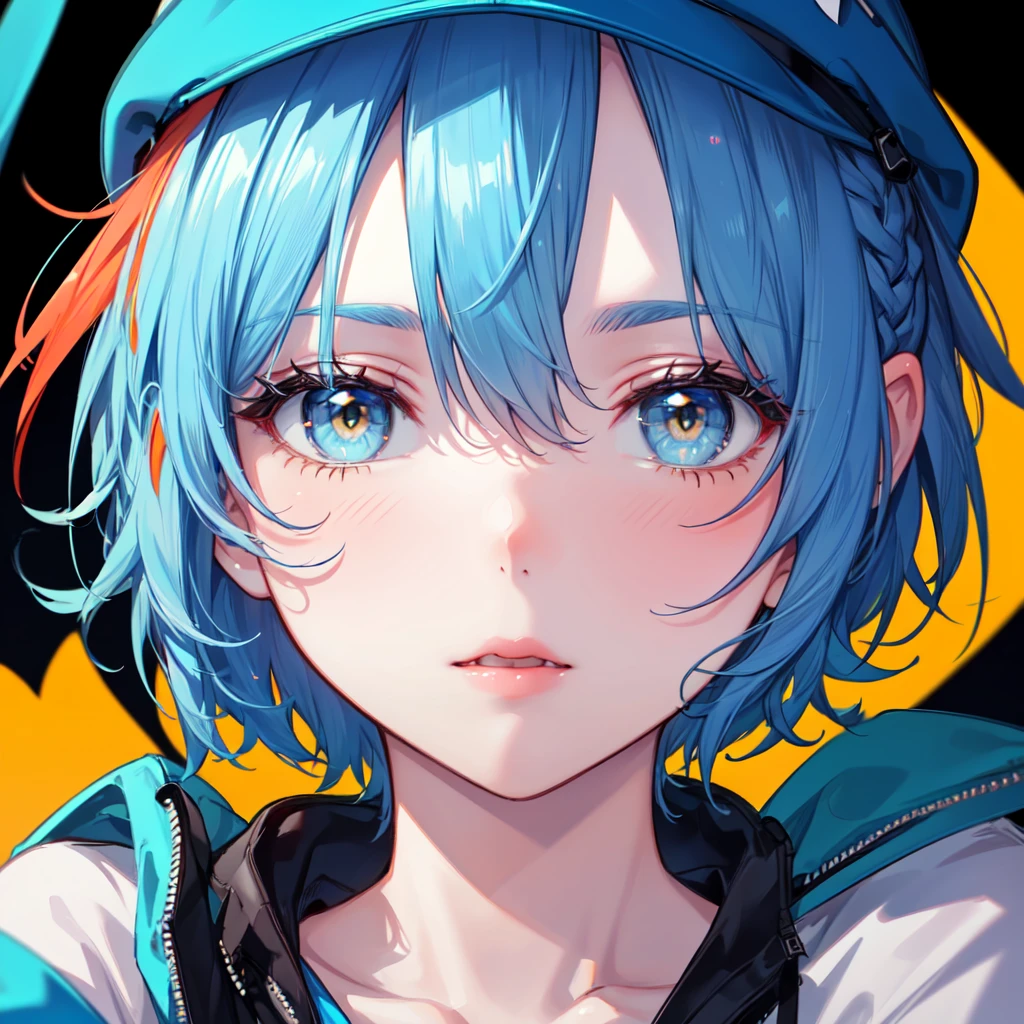 (8K, Highest quality, Highest quality, masterpiece), 17 age old girl, face focus, black background, yellow eyes, red lips, (((blue hair, mid short hair, blue cap)))