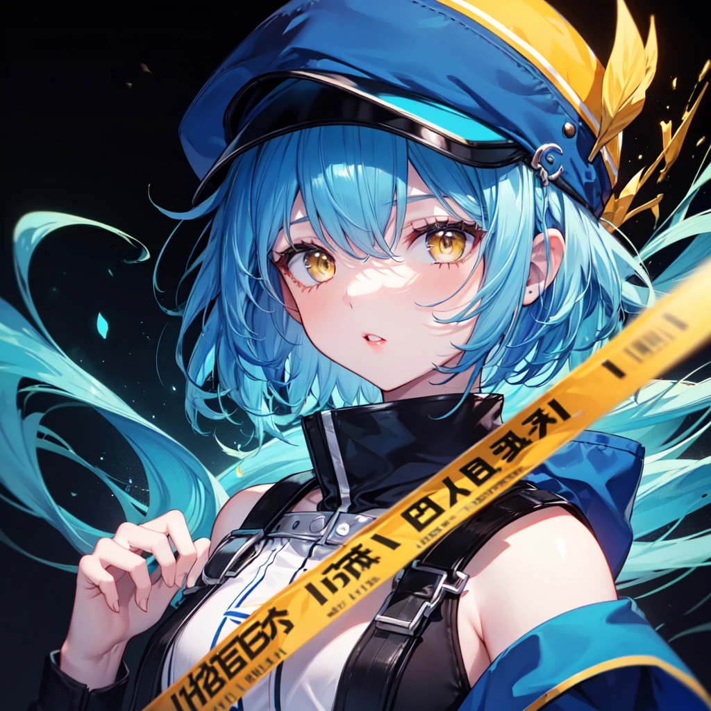 (8K, Highest quality, Highest quality, masterpiece), 17 age old girl, face focus, black background, yellow eyes, red lips, (((blue hair, mid short hair, blue cap)))