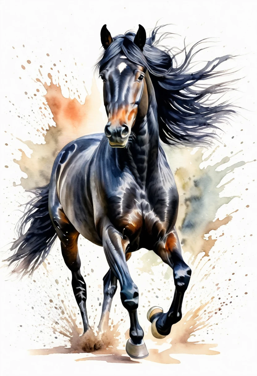 watercolor of a BLACK horse running perspective frontal view,vigorous inertia,details of hair,watercolor splash of pastel colors behind ,white background,artistic image