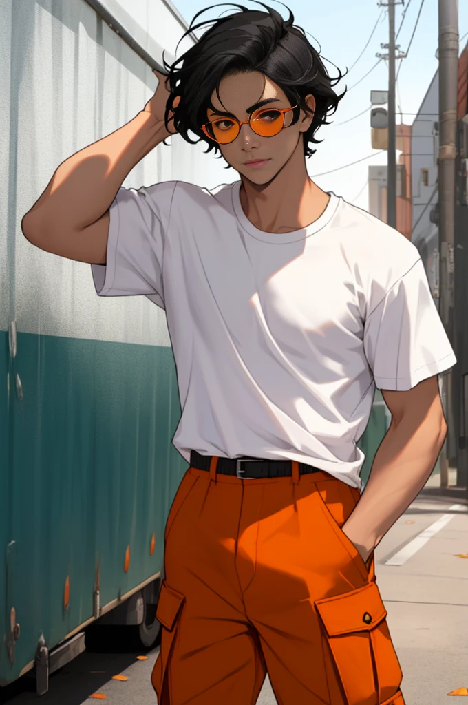 A boy, naughty man, adolescent, black hair, eyes black, posing, wearing cargo pants, a white t-shirt and circular glasses with orange lenses, of white skin
