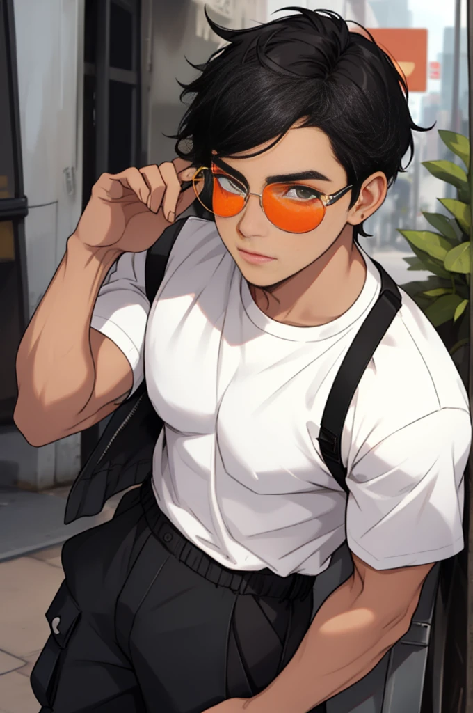 A boy, naughty man, adolescent, black hair, eyes black, posing, wearing cargo pants, a white t-shirt and circular glasses with orange lenses, of white skin
