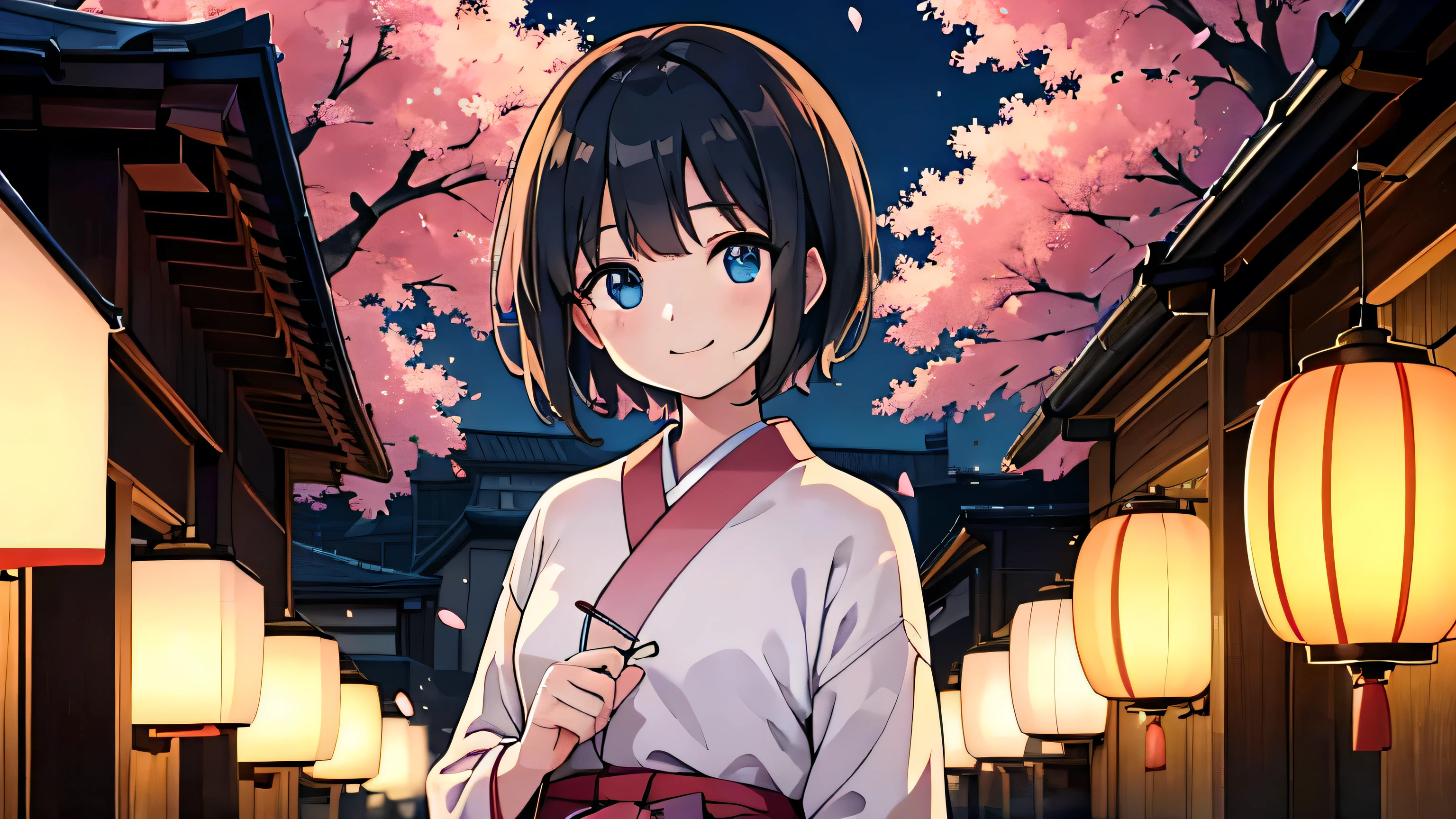 1girl, solo, blue eyes, (detailed eyes), flat chest, short hair, black hair, standing, upper body, gentle smile on her face((masterpiece, illustration, best quality)) (best quality, high-res, vivid colors:1.2), HDR, cozy, Japanese female, warm knit sweater, jeans, lantern lit alleyway, peaceful atmosphere, soft glow, quiet streets, traditional architecture, cherry blossoms in the background, autumn leaves falling, serene ambiance, tranquil night, graceful posture, glowing lanterns, comfortable clothing, gentle smile, cityscape, tranquil evening, warmly lit lamps, peaceful walk, calm and serene demeanor