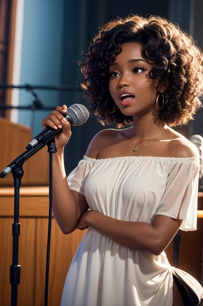 Disney pixar woman with dark skin medium curly hair on her shoulder with microphone singing in church