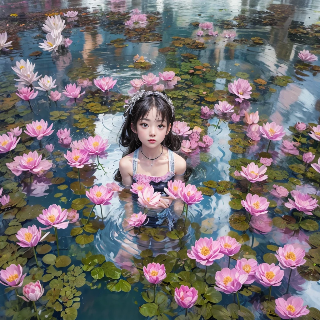 Tranquil voyager girl, Surrealism, in watercolor style, Photorealism, discreet raspberry and pink shades, barefoot, music, nudity, Flowers in the water, view from above, a girl with a very beautiful exquisite face