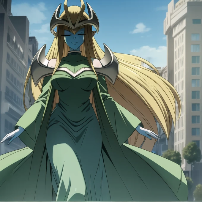 mysticalygo, mystical elf, smile, friendly look, medium breasts, eyes closed, green dress, large long skirt, long sleeve covering hands, no hands, large long sleeves, blue skin, blonde hair, long hair, Yugioh, city, park, standing 