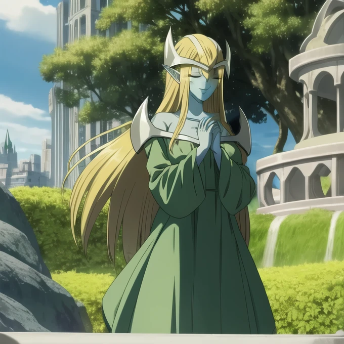 mysticalygo, mystical elf, smile, friendly look, medium breasts, eyes closed, green dress, large long skirt, long sleeve covering hands, no hands, large long sleeves, blue skin, blonde hair, long hair, Yugioh, city, park, standing