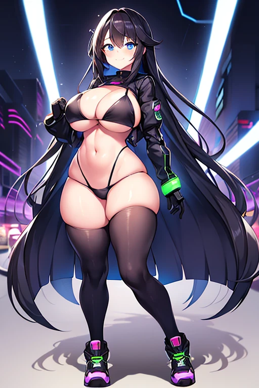 1girl, wide hips, large breasts, wide hips, black hair, long hair, blue eyes, futuristic, machinery, science-fiction, tech, shoes, sneakers, neon trim, bikini, black bikini, black clothes, purple neon trim, full body, light smile, car, sports car, shy, blushing, blush