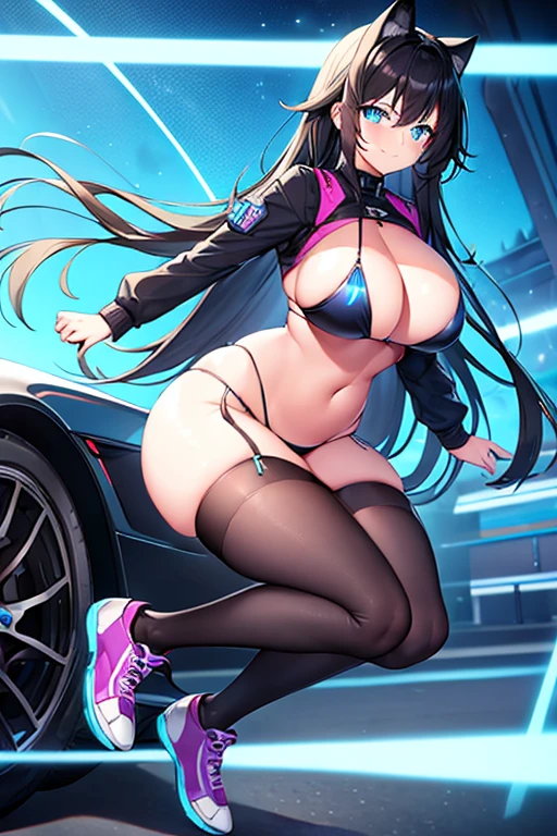 1girl, wide hips, large breasts, wide hips, black hair, long hair, blue eyes, futuristic, machinery, science-fiction, tech, shoes, sneakers, neon trim, bikini, black bikini, black clothes, purple neon trim, full body, light smile, car, sports car, shy, blushing, blush