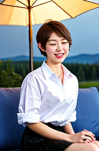 (8K, original photo, best quality, masterpiece: 1.2), (Practical, photo-Practical: 1.37), Extremely detailed, 1 girl, Lovely, Solitary, beautiful detailed sky, Detail of coffee, night, sit, (Red nose), (Smile: 1.1), (Mouth closed), Medium breasts, Beautiful and delicate eyes, (collared shirt: 1.1), bow tie, pleated skirt, (short hair: 1.2), Long hair, Canadian Ice Cream,