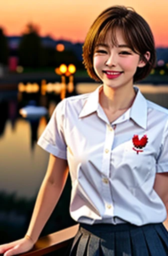 (8K, original photo, best quality, masterpiece: 1.2), (Practical, photo-Practical: 1.37), Extremely detailed, 1 girl, Lovely, Solitary, beautiful detailed sky, Detail of coffee, night, sit, (Red nose), (Smile: 1.1), (Mouth closed), Medium breasts, Beautiful and delicate eyes, (collared shirt: 1.1), bow tie, pleated skirt, (short hair: 1.2), Long hair, Canadian Ice Cream,