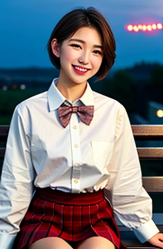(8K, original photo, best quality, masterpiece: 1.2), (Practical, photo-Practical: 1.37), Extremely detailed, 1 girl, Lovely, Solitary, beautiful detailed sky, Detail of coffee, night, sit, (Red nose), (Smile: 1.1), (Mouth closed), Medium breasts, Beautiful and delicate eyes, (collared shirt: 1.1), bow tie, pleated skirt, (short hair: 1.2), Long hair, Canadian Ice Cream,