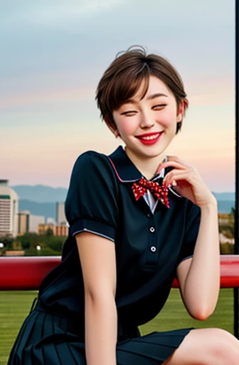 (8K, original photo, best quality, masterpiece: 1.2), (Practical, photo-Practical: 1.37), Extremely detailed, 1 girl, Lovely, Solitary, beautiful detailed sky, Detail of coffee, night, sit, (Red nose), (Smile: 1.1), (Mouth closed), Medium breasts, Beautiful and delicate eyes, (collared shirt: 1.1), bow tie, pleated skirt, (short hair: 1.2), Long hair, Canadian Ice Cream,