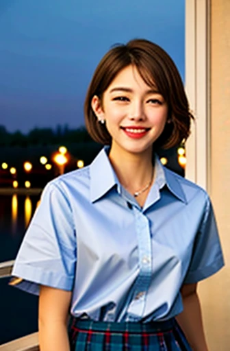 (8K, original photo, best quality, masterpiece: 1.2), (Practical, photo-Practical: 1.37), Extremely detailed, 1 girl, Lovely, Solitary, beautiful detailed sky, Detail of coffee, night, sit, (Red nose), (Smile: 1.1), (Mouth closed), Medium breasts, Beautiful and delicate eyes, (collared shirt: 1.1), bow tie, pleated skirt, (short hair: 1.2), Long hair, Canadian Ice Cream,