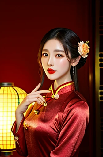 1 girl,bushing,Fashion Girl,cheongsam,Chinese clothes,hair flower,(masterpiece:1.4),(best quality:1.4),(Glowing skin),Red lips,Looking at the audience,Large Breasts,Cleft lip