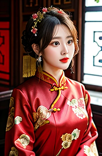 1 girl,bushing,Fashion Girl,cheongsam,Chinese clothes,hair flower,(masterpiece:1.4),(best quality:1.4),(Glowing skin),Red lips,Looking at the audience,Large Breasts,Cleft lip