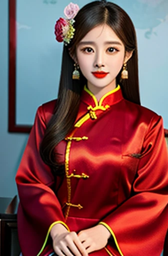 1 girl,bushing,Fashion Girl,cheongsam,Chinese clothes,hair flower,(masterpiece:1.4),(best quality:1.4),(Glowing skin),Red lips,Looking at the audience,Large Breasts,Cleft lip