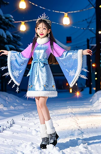 Best texture, high quality, Ultra HD, 8K, full-body shot, Panorama, Snow, flying Snowflakes, dancing in the Snow, girl, Full of Miao silver ornaments, Miao clothing, Silver Phoenix Crown, Oval face, Ultra-detailed face, blue eyes, Long eyebrows, White skin, Silver long hair, Flowing long hair, Rising with the wind, Snowflake colorful gifts, Practical, Very detailed, High Detail, super clear,