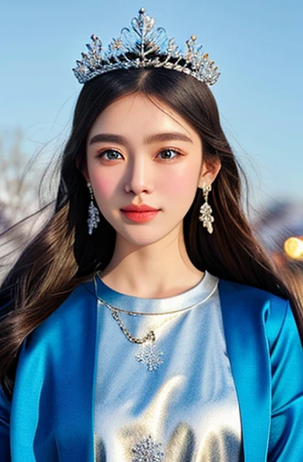 Best texture, high quality, Ultra HD, 8K, full-body shot, Panorama, Snow, flying Snowflakes, dancing in the Snow, girl, Full of Miao silver ornaments, Miao clothing, Silver Phoenix Crown, Oval face, Ultra-detailed face, blue eyes, Long eyebrows, White skin, Silver long hair, Flowing long hair, Rising with the wind, Snowflake colorful gifts, Practical, Very detailed, High Detail, super clear,