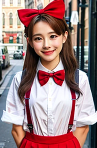 1 girl, Solitary, Small Breasts, suspender skirt, White shirt, Red bow tie, Happy