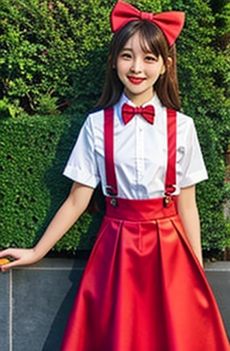 1 girl, Solitary, Small Breasts, suspender skirt, White shirt, Red bow tie, Happy