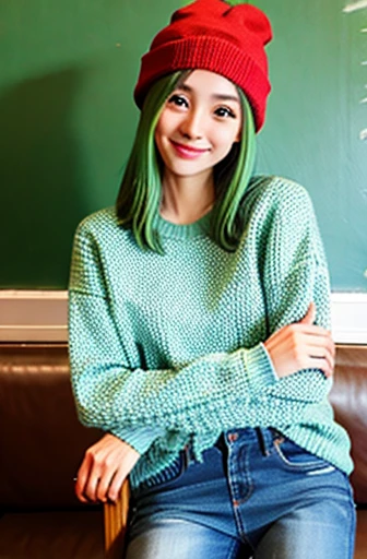 1 girl, Solitary, cafes, Green Hair, Beanie, sweater, jeans, sit on the chair, Dynamic poses, indoors,