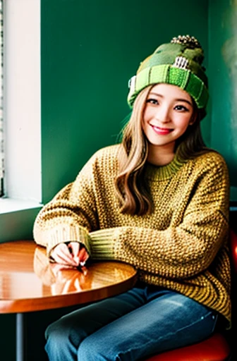 1 girl, Solitary, cafes, Green Hair, Beanie, sweater, jeans, sit on the chair, Dynamic poses, indoors,
