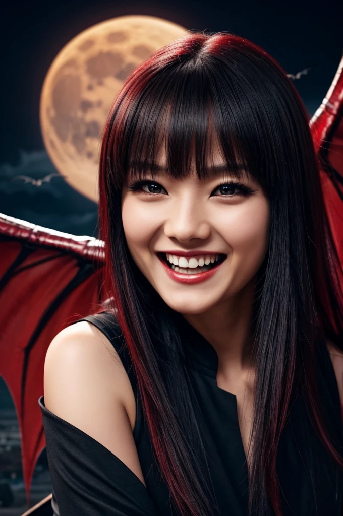 Red Eyes, vampire 牙齿 尖牙, Bad Face, Mouth, giggle,Bat Wings, scary smile, psychopathic giggle, Sick smile, scary, mouth, angry eyes, vampire, Dark sky background, Red + blue + green, glowing Red moon