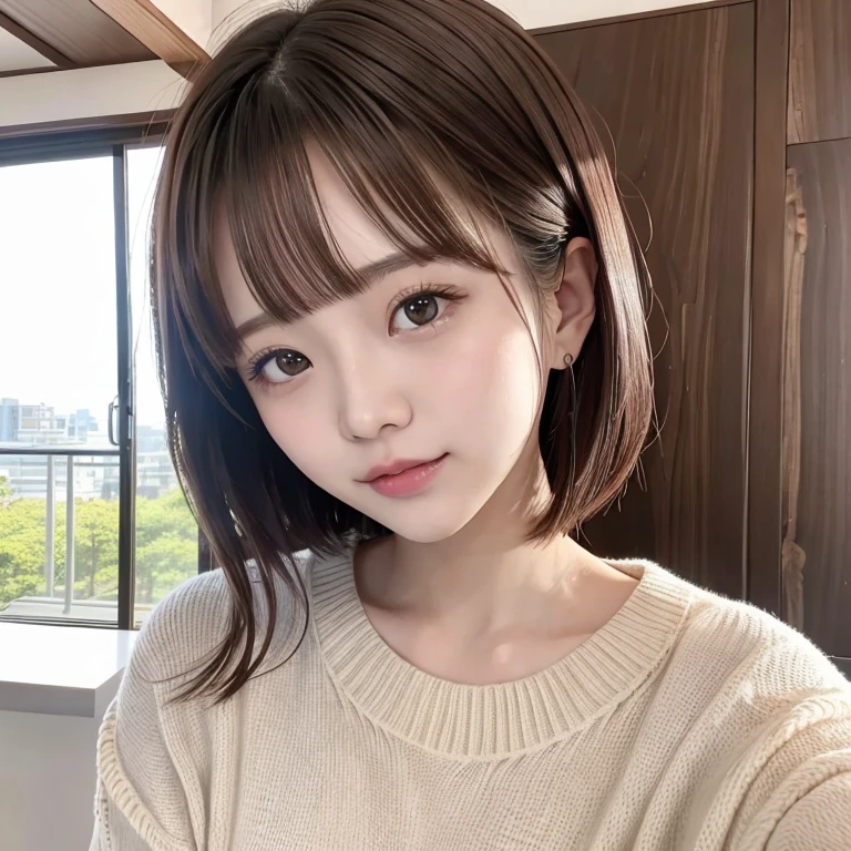 photo from below、タレ目、20代女性、茶髪のショートヘア、1girl, (masterpiece, best quality:1.2), ((最高品質)), ((傑作)), (詳細), 綺麗な肌、1人の, セクシー,日本人,タレ目,左右対称の顔,正面、形のいい小さな胸、8K、独り、一人で周りに何もない、自分しかいない、面長、正面からの写真