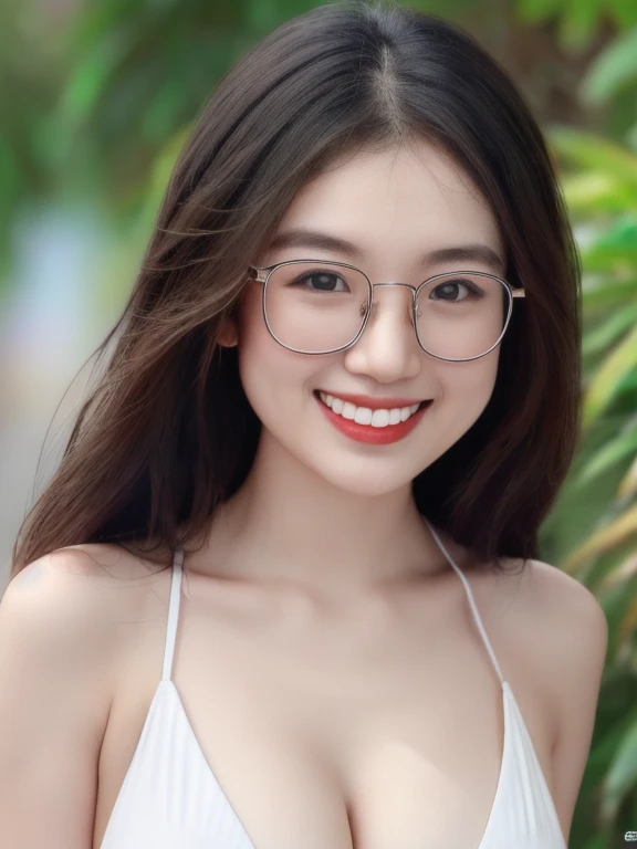 (realistic、masterpiece、Best Quality、8K、highres、high resolution:1.3)、1 glasses girl、Huge breasts、smile, white bikini、pale white skin、looking at viewers、super fine face and eyes、long hair、indoor、 upper body、