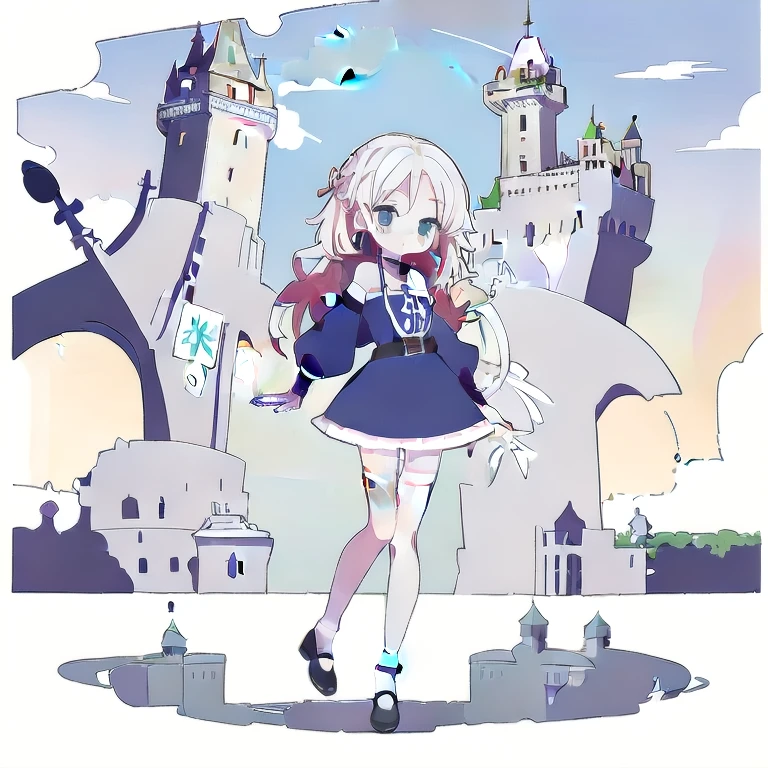 (masterpiece, best quality:1.2), 1girl, black choker, black footwear, blue dress, blush, choker, collarbone, dress, frilled dress, frills, long hair,long sleeves, looking at viewer, pantyhose, shoes, solo, swept bangs, off-shoulder sleeves, belt, nun, blue clothes, (white legwear, white tights, single thighhigh, thighhighs:1.55), monk clothes, monk, sister clothes, (one side up:1.55), background with((celtic, Ireland, scotland, fantasy, beautiful sky, shining sky, sunshine, castle:1.55))