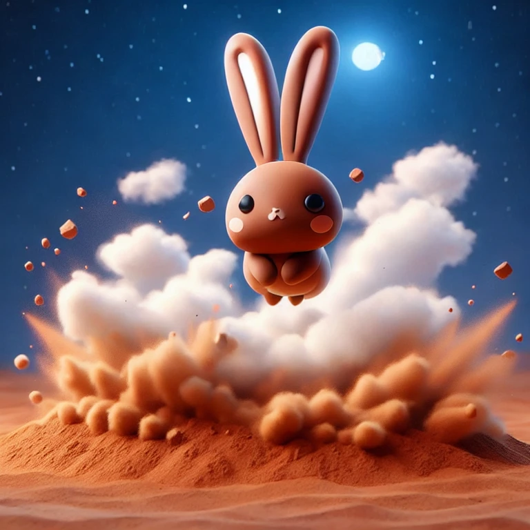 (masterpiece, best quality:1.2), 1conejo kawaii de color cafe a kawaii colored (brown) rabbit in 3D with a high-speed macro camera format landing on a brown sandy ground. The earth-colored sand breaks. A mist surrounds the rabbit when it appears. It is night, with a midnight blue sky in the background