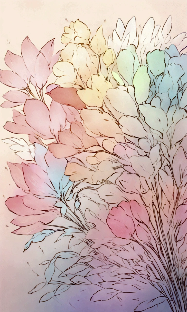 Draw an abstract painting of a flower.,Light dandelion fluff、Aesthetic composition,simple style, Soft and warm touch、The main color palette of the work is soft pastel colors.、When looking at this picture, you、interplay of color and texture、Immerse yourself in the gentle atmosphere