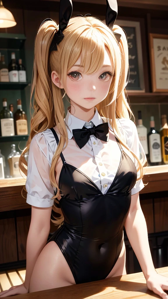 (Highest quality、In 8K、32k、masterpiece、Hmph、Very detailed、Impressionism、Photorealistic:1.2)、Side Shot、Cowboy Shot, (bar counter、over the counter:1.4)、Deep Shadow、Beautiful face with detailed facial and eye drawings、Blurred Background、20 year old beauty、Shiny skin, Beautiful wavy golden hair、 Twin tails、Beautiful face with dark eyes、Blurred Background、 Bunny girl、Black high cut leotard、A bow tie、White cuffs、網タイツに包まれた太もも rabbitの耳がない、rabbit'She has a tail growing out of her sexy ass、Hold a sake tray、A shy smile、curve、