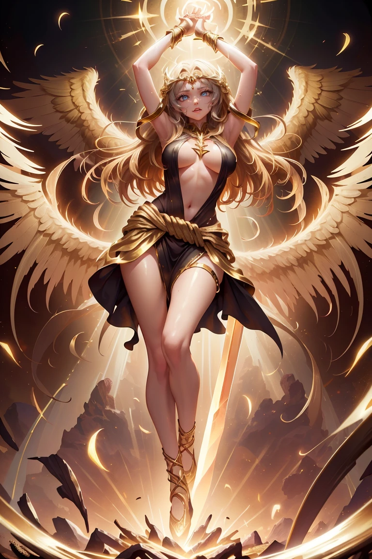 golden angel goddess with wings, blondie hair, perfect hands, golden shine, fictional figure body hands on waist, sexy movement pose, holding a sacred sword with both hands