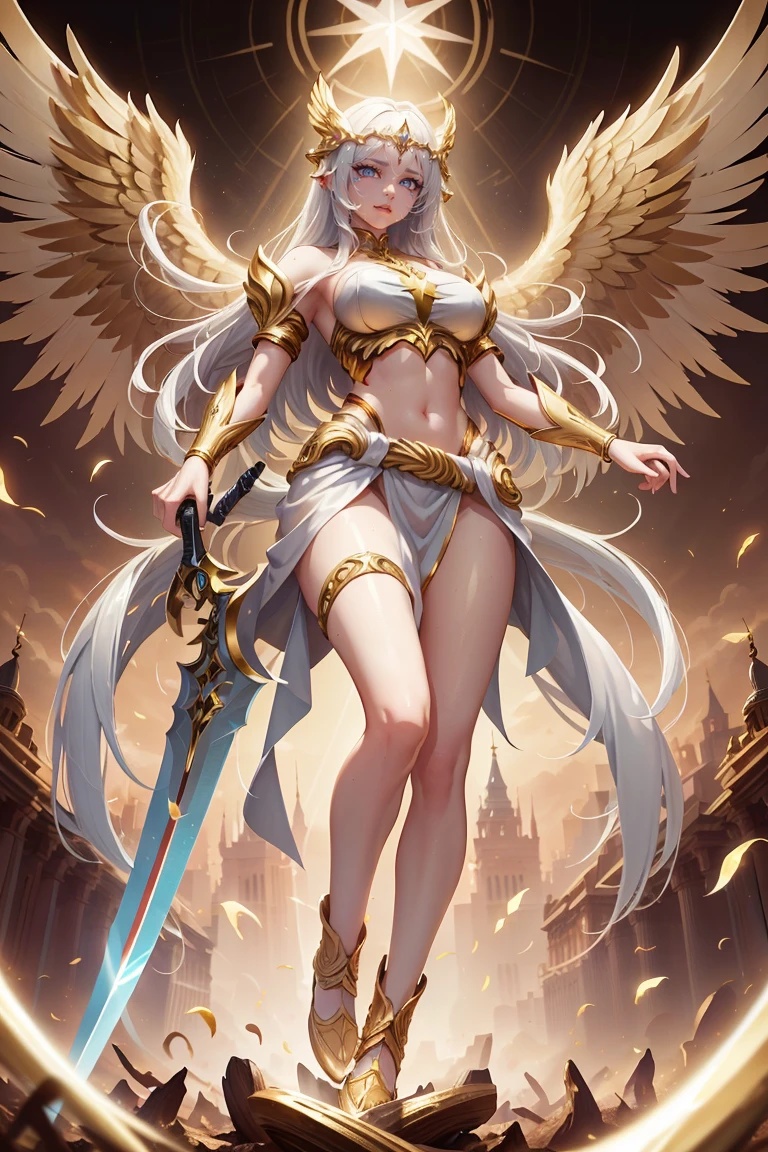 golden angel goddess with wings, white hair, perfect hands, golden shine, fictional figure body hands on waist, sexy movement pose, holding a sacred sword with both hands
