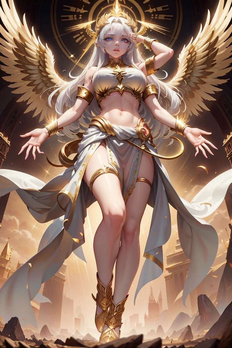golden angel goddess with wings, white hair, perfect hands, golden shine, fictional figure body hands on waist, sexy movement pose, holding a sacred sword with both hands