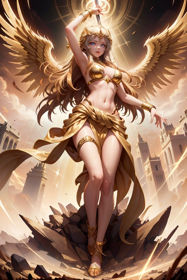 golden angel goddess with wings, blondie hair, perfect hands, golden shine, fictional figure body hands on waist, sexy movement pose, holding a sacred sword with both hands