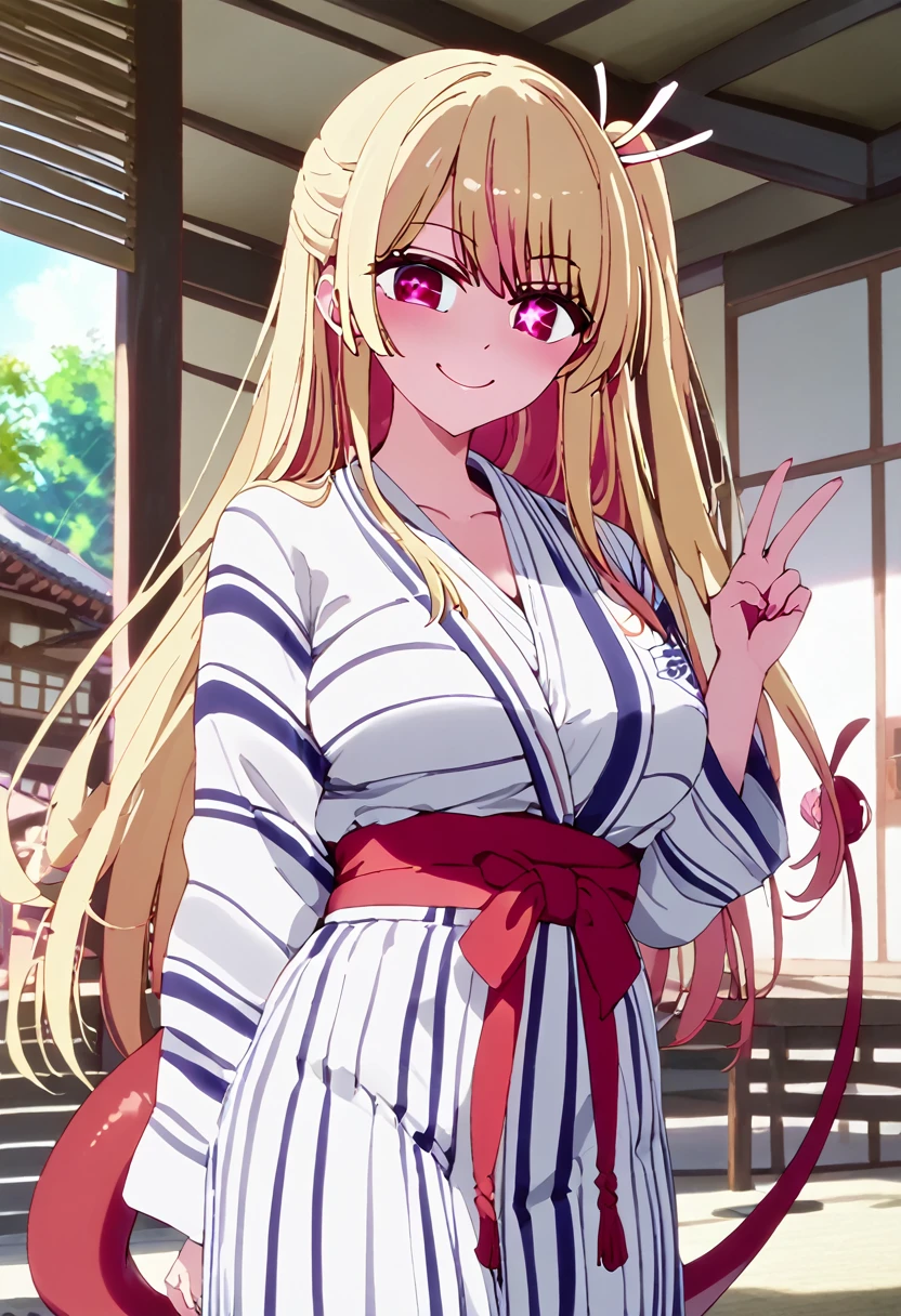 Blonde、A long open-front yukata、Highest quality、high resolution、8K,Highest quality、Star-shaped pupil、The best smile、bangs７３division、long hair、Pink Eyes、Side Tail、Cowboy Shot、One person