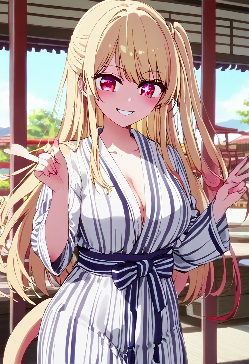 Blonde、A long open-front yukata、Highest quality、high resolution、8K,Highest quality、Star-shaped pupil、The best smile、bangs73division、long hair、Pink Eyes、Side Tail、Cowboy Shot、One person