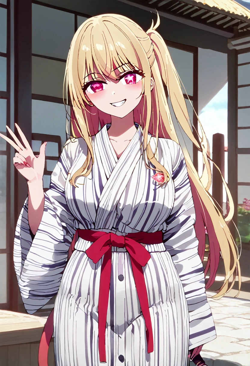 Blonde、A long open-front yukata、Highest quality、high resolution、8K,Highest quality、Star-shaped pupil、The best smile、bangs７３division、long hair、Pink Eyes、Side Tail、Cowboy Shot、One person