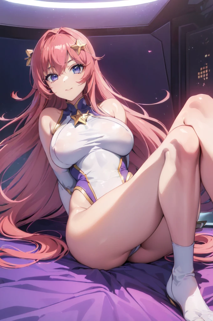 (masterpiece）、（Best image quality）、（Very detailed）、（Very detailed）、4K、（8K）、Best image quality、（beautiful）,(on back:1.4)、Aesthetic Anime Eyes,anime,(arms behind back:1.3),(M legs:1.4),(M-shaped legs:1.3),
(Spaceship room,Futuristic interior:1.3),On the bed,More about Campbell, 1 Girl, (star hair ornaments:1.4), hair ornaments, Pink Hair, Long Hair, Leotard Purple Leotard, White leotard, A tight leotard、Huge 、Thick thighs、,Sitting,A light smile､Dynamic pose､gravure､Dynamic Angle、Noise Reduction､Emphasize the chest､Breast tation