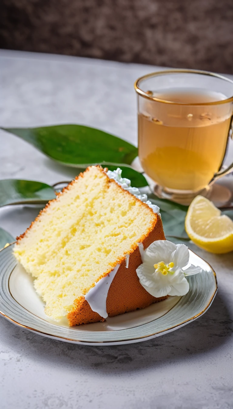 Chiffon cake and lemon tea on a plate