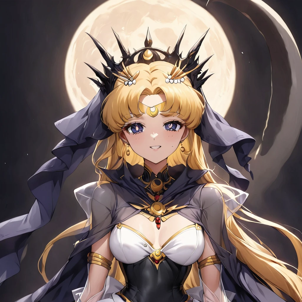 ((Highest quality)), ((masterpiece)), (detailed), (Perfect Face)、Black moon mark on forehead、The woman is the noble dark queen of the Black Moon clan, Black Serenity, with blonde hair.2The woman with long hair tied up is Princess Serenity、The woman has a black inverted crescent moon mark on her forehead, is wearing a gorgeous and glittering black Gothic Victorian dress with a black veil and a black see-through cape, is the Queen of Darkness, Princess Serenity, and has a happy expression as she looks at the camera, with the expression of a maiden in love.