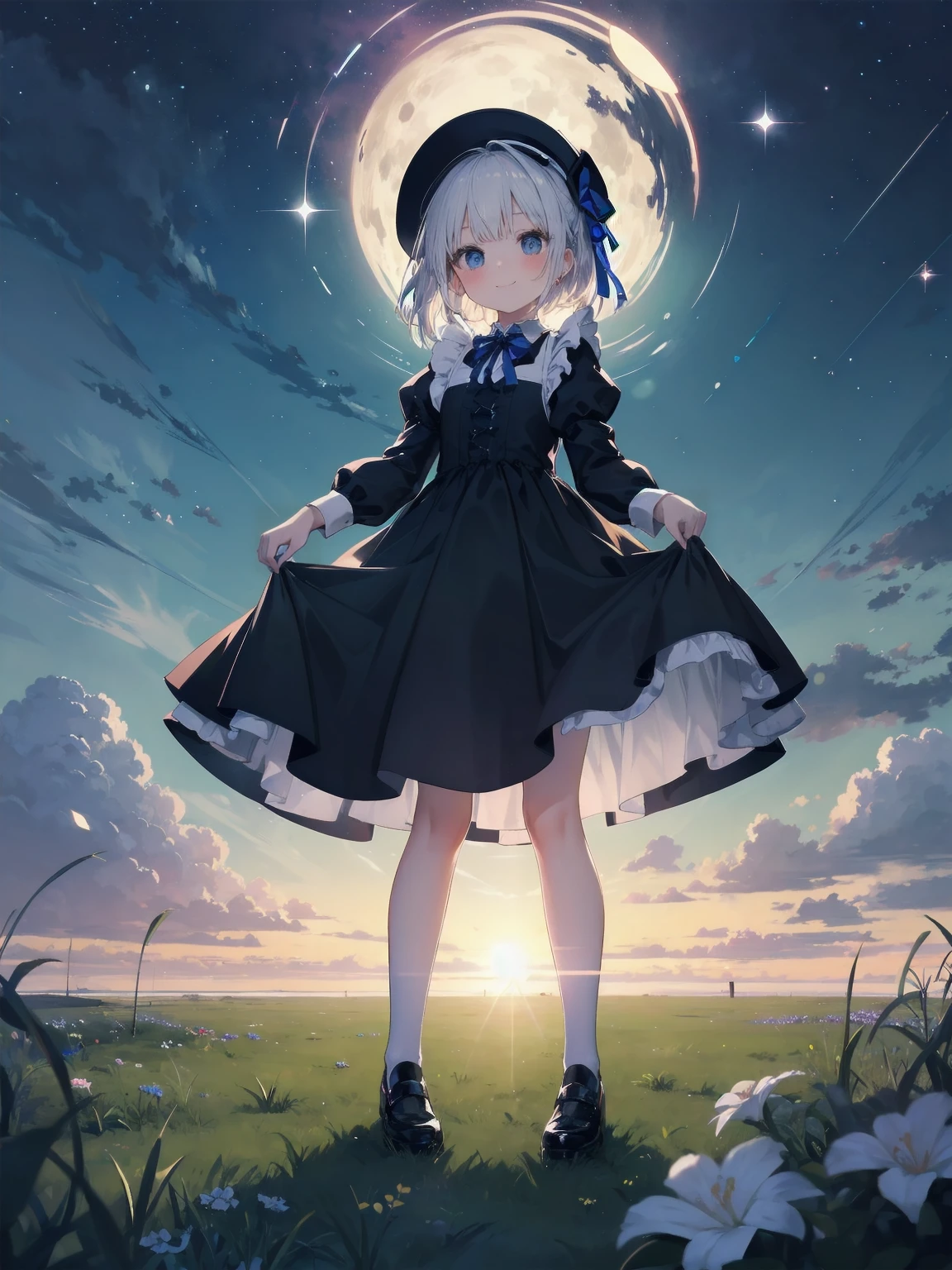 A serene outdoor scene unfolds at dusk, with a brilliant blue sky transitioning into a canvas of twinkling stars. A beautiful young girl, dressed in a stunning white and black gothic maid dress adorned with a navy blue ribbon, stands amidst lush green grass. Her companion, a delightful toddler, dons a charming maid hat with ruby accessories, complemented by black stockings and shoes. The little one beams with joy, smiling brightly as they gaze up at the celestial display together