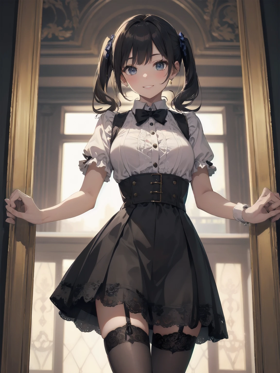 A lavish, photorealistic illustration of Soro, a charming 19th-century maiden, exudes elegance in a masterfully crafted scene. Framed by a ornate, gilded archway, she stands poised, her twintails adorned with sparkling bows, her cardigan vest and short-sleeved shirt perfectly complementing her plaid skirt. Over black legwear, her loafers add a touch of whimsy. A radiant smile spreads across her face, her eyes sparkling like diamonds in the soft, golden light. Every detail, from the intricate lace trim to the delicate folds of her garments, is meticulously rendered by a master illustrator's hand, Dynamic angle shooting by Spielberg、Audrey Hepburn's acting instruction: Dynamic poses