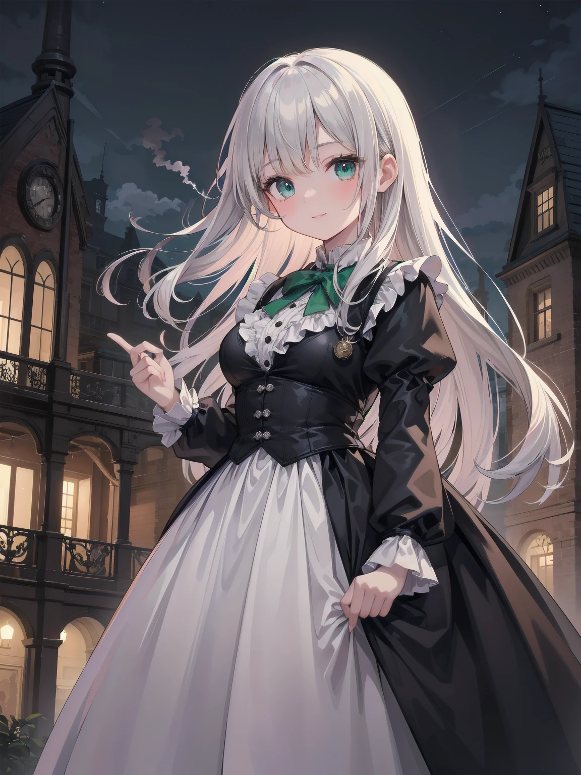 (Highest quality、16K、masterpiece、Ultra-high resolution、Victorian era、Photorealistic:1.2)、A delicate Lolita girl, , stands on a castle balcony at dusk, surrounded by the city's skyline and steampunk contraptions. Her platinum hair is messy, framing her androgynous charm. She wears a flowing white dress with a light green tie and holds a pocket watch in hand. A subtle smile plays on her lips as she gazes out at the night view, her eyes shining like sapphires. The air is filled with steam spewing from pipes, adding to the surreal atmosphere. Her skin glows with an ultra-dense texture, and her fingers are full and detailed.