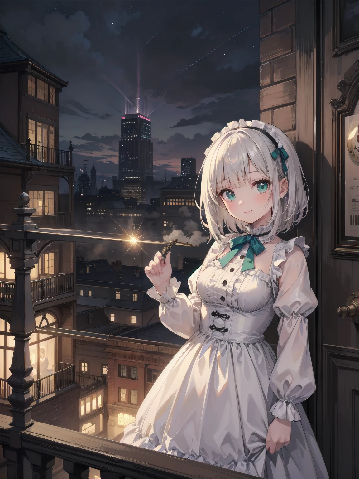 (Highest quality、16K、masterpiece、Ultra-high resolution、Victorian era、Photorealistic:1.2)、A delicate Lolita girl, aged 13, stands on a castle balcony at dusk, surrounded by the city's skyline and steampunk contraptions. Her platinum hair is messy, framing her androgynous charm. She wears a flowing white dress with a light green tie and holds a pocket watch in hand. A subtle smile plays on her lips as she gazes out at the night view, her eyes shining like sapphires. The air is filled with steam spewing from pipes, adding to the surreal atmosphere. Her skin glows with an ultra-dense texture, and her fingers are full and detailed.