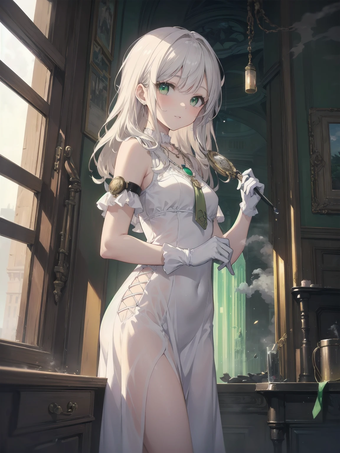 nsfw, masterpiece, 1 girl, erect nipples, intricately detailed, ((topless)), navel, maid skirt, waist apron, bare shoulders, necklace, erect nipples, puffy nipples, extremely detailed, photorealistic, octane render, 8 k, unreal engine, bare breasts, nipples, bare stomach, mansion, queen size bed, grin, small breasts, smiling, collarbone, wet body, platinum blonde, maid, petticoat, white curtain, window, interior, ray of lights, aqua eyes, long hair, uneven bangs, frilled headwear, high socks, lamp, feather duster, dynamic pose, earrings, white eyelashes, child, flat chest, half opened eyes,