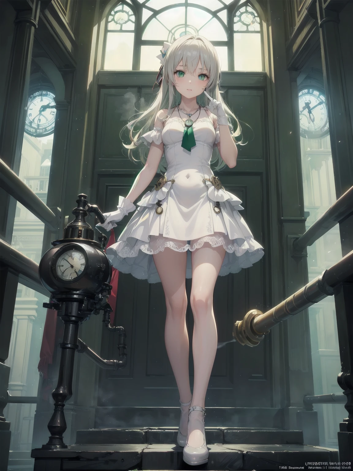 (masterpiece:1.2), (Highest quality:1.2), Ultra-high resolution, Very detailed, break, ((Anime girl standing with a pocket watch in her hand)), Surreal Girl, (1 person,Lolita,boyish, , 13 years old:1.3), A light smile, , The charm of androgyny, Long Hair, ((Platinum Hair)), Messy Hair, small and soft breasts,Slender body, Small Ass, Small green eyes,Fine and beautiful eyes, Well-proportioned iris and pupil, Expressive eyes, Beautiful and detailed lips, High resolution detailed hair, Perfect Eyes, Perfect Face, ultra high density skin, Full Finger, Perfect lighting, break, ((Light green necklace)), ((White Dress:1.3)), light green tie, Sparkling Sapphire, Lady, Wear white gloves, break, (steampunk), Castle balcony, Skyscraper, Night view, Equipment, pipe, (Steam spewing out from pipes:1.2), Fantasy, break, ((Positive:1.3)), break, Digital anime art,Anime style illustrations,Anime illustration