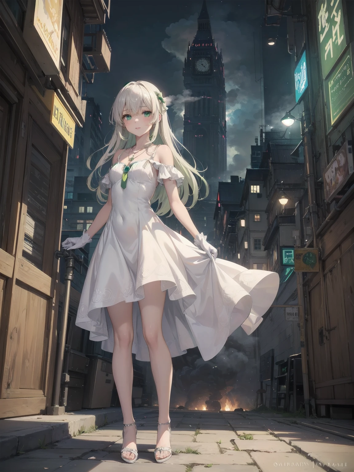 (masterpiece:1.2), (Highest quality:1.2), Ultra-high resolution, Very detailed, break, ((Anime girl standing with a pocket watch in her hand)), Surreal Girl, (1 person,Lolita,boyish, , 13 years old:1.3), A light smile, , The charm of androgyny, Long Hair, ((Platinum Hair)), Messy Hair, small and soft breasts,Slender body, Small Ass, Small green eyes,Fine and beautiful eyes, Well-proportioned iris and pupil, Expressive eyes, Beautiful and detailed lips, High resolution detailed hair, Perfect Eyes, Perfect Face, ultra high density skin, Full Finger, Perfect lighting, break, ((Light green necklace)), ((White Dress:1.3)), light green tie, Sparkling Sapphire, Lady, Wear white gloves, break, (steampunk), Castle balcony, Skyscraper, Night view, Equipment, pipe, (Steam spewing out from pipes:1.2), Fantasy, break, ((Positive:1.3)), break, Digital anime art,Anime style illustrations,Anime illustration